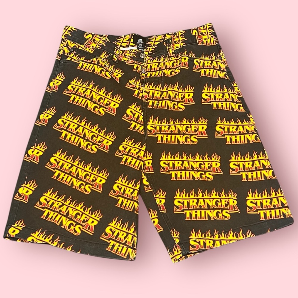 Stranger Things Mens Graphic All Over Print Flame Logo Denim Relaxed Shorts